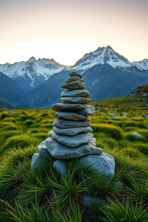 Generate an image of a serene stone cairn surrounded by lush grass with majestic snow-capped mountains in the background during golden hour, camera settings: f/8, ISO 100, shutter speed 1/250s, camera view: wide-angle, camera style: HDR, camera type: DSLR.