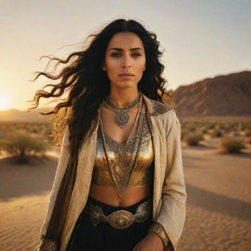 Dramatic photo of a beautiful Coptic woman, classic cowboy attire, confident and free spirit expression, half-length portrait, centered, golden hour desert landscape, warm, diffused light, low angle, medium format film camera, in style of Annie Leibovitz.