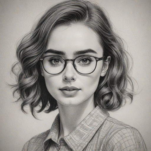 Alluring Lily Collins, pencil sketch, portrait of Delightful woman 1936s in glasses, hair style beatnik, outline, clear lines, fine lines, 8k