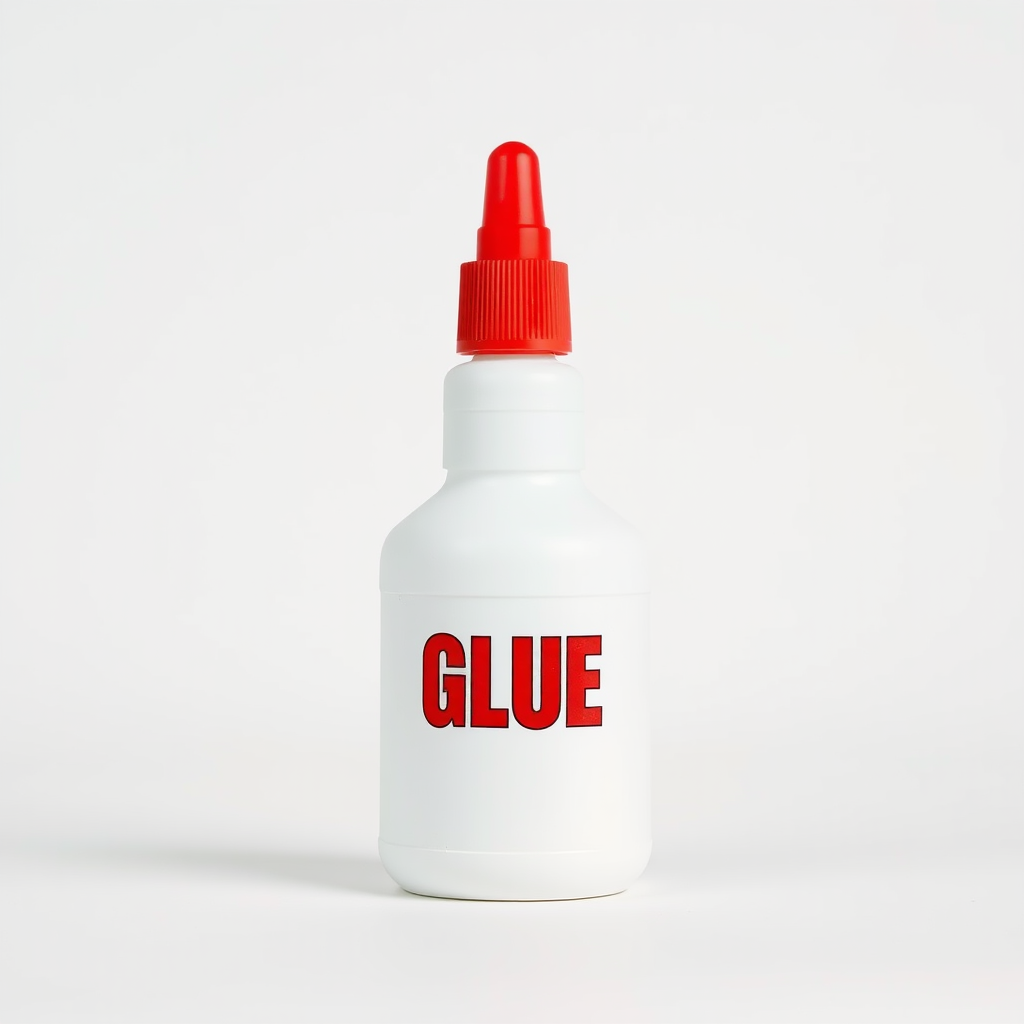 Create a high-resolution image of a white bottle of glue with a red cap and bold text "GLUE" on the front, with a clean background, shot in macro mode, ISO 100, aperture f/2.8, 50mm lens, soft lighting.