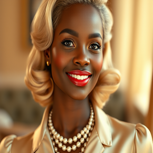 A beautiful Nubian woman reminiscent of 1950s Hollywood glamour, with perfectly styled blonde hair and a seductive smile, dressed in a satin blouse and adorned with pearls, soft and warm tones, photorealistic, 8K