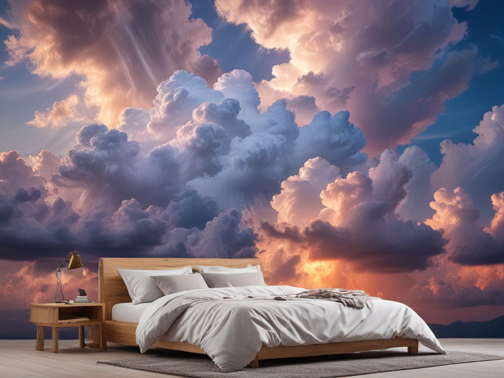 Serene Bedroom with Dramatic Cloudy Sky Mural at Sunset
