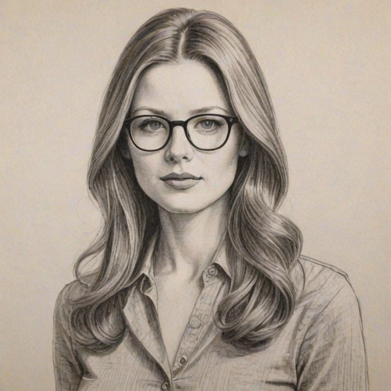 Splendid Rachel Nichols, pencil sketch, portrait of Charming woman 1976s in glasses, hair style beatnik, outline, clear lines, fine lines, 8k
