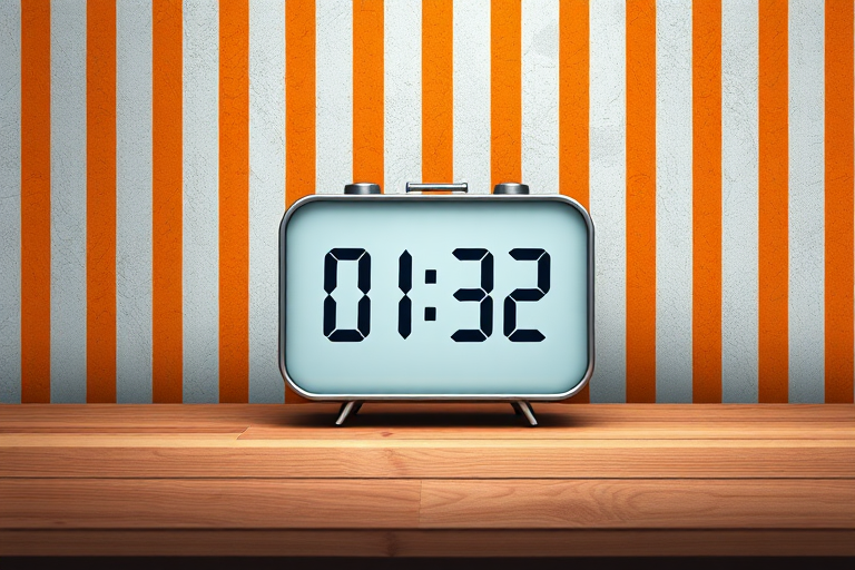 Create a digital illustration of a modern clock displaying 01:32, placed on a wooden table against a textured background with orange vertical stripes, using a Canon EOS 5D Mark IV with a 50mm lens, aperture f/1.8, ISO 200, and soft lighting to enhance details and contrast.