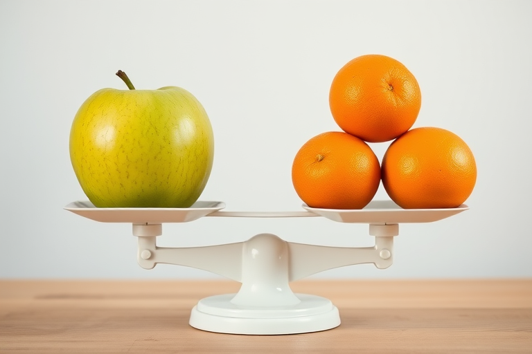 A balanced scale with two green apples on one side and four oranges on the other side, taken with a DSLR camera at f/2.8, ISO 100, 50mm lens, bright natural light, and a soft-focus background to enhance the clarity of the fruits.