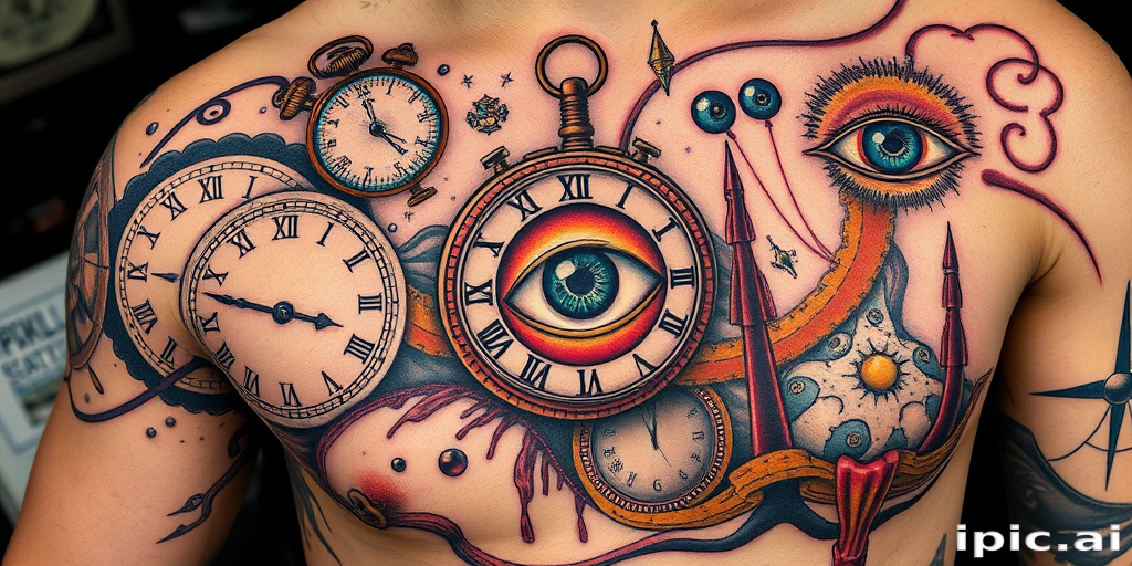 Surrealist tattoo titled "Dreamweaver's Vision" depicting melting clocks, floating eyes, and impossible structures inspired by Salvador Dali's artwork