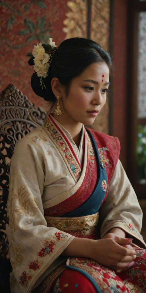 A beautiful Nepali woman in traditional East Asian attire, intricately detailed with embroidered patterns, sitting gracefully in a richly decorated room, soft ambient lighting, serene and elegant, ultra-realistic, 8K resolution