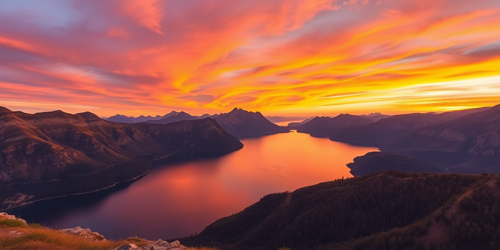high-resolution image of a serene landscape featuring a calm lake surrounded by mountains at sunset with vibrant colors in the sky, captured with a Canon EOS R5, 24mm lens, f/8 aperture, ISO 200, using a wide-angle view and HDR style
