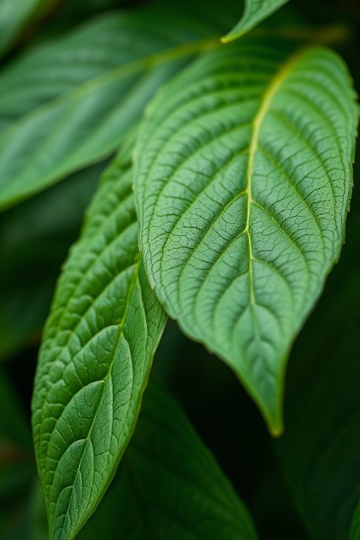 lush green leaves with intricate veining, shallow depth of field, soft natural lighting, shot with a DSLR camera at ISO 200, f/2.8, 50mm lens, side view, macro photography style