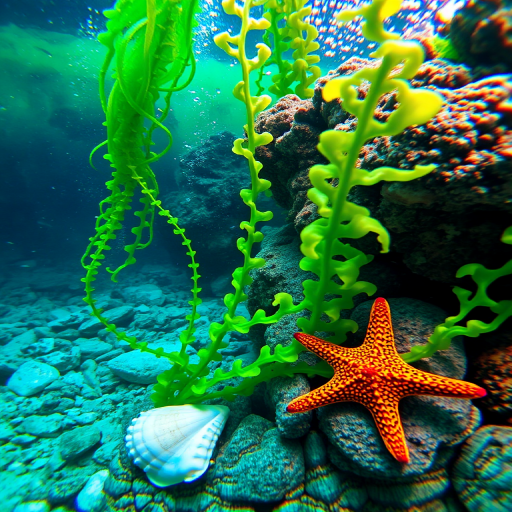 Create an underwater scene featuring vibrant green seaweed, a starfish, and a seashell resting on rocks, shot with a DSLR camera at f/8 aperture, 1/125 shutter speed, ISO 200, using a wide-angle lens for depth and clarity.