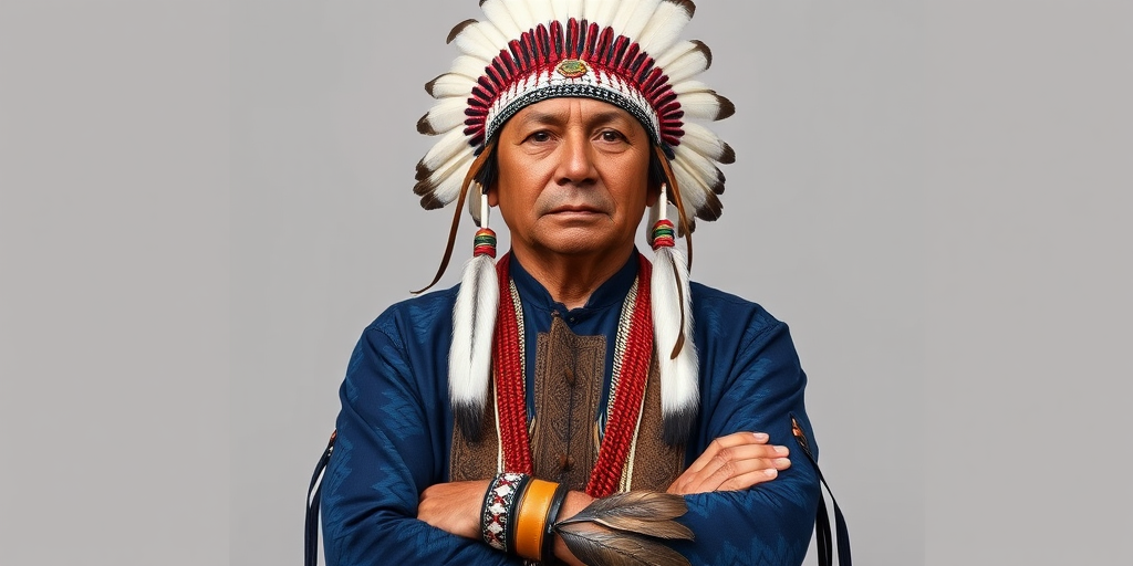 Create a dignified portrait of a Native American man dressed in traditional attire. He wears a beautifully crafted headdress adorned with white feathers and red beads, along with a beaded headband featuring intricate patterns. His clothing includes a deep blue, patterned shirt and a traditional chest piece with detailed beadwork. His arms are crossed, displaying leather armbands decorated with feathers. The background is simple and neutral, emphasizing his proud and stoic expression. The overall image captures the rich cultural heritage and strength of his persona.