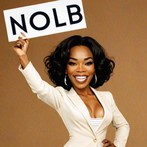 caricature of a smiling Angela Bassett in a Cream dress or suit, holding up a sign that says "NEED A JOB", no watermark,