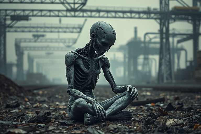 Generate a high-resolution image of a fragmented humanoid figure sitting in a desolate industrial landscape with symbolic elements of decay and transformation, using a Canon EOS R5, 50mm lens, f/1.8, ISO 100, with a soft focus and dramatic lighting to enhance depth and emotion.