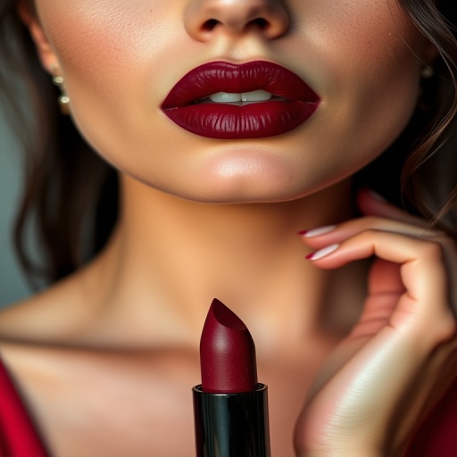 Stunning woman lips with deep burgundy matte finish, full face visible, exuding confidence and sophistication, perfect for evening glamour
