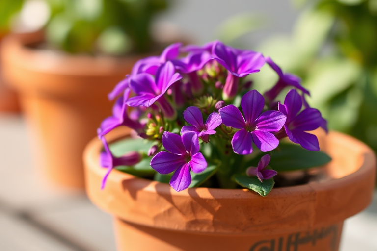 close-up of a vibrant purple flowering plant in a clay pot, natural light, shallow depth of field, ISO 100, f/2.8, 50mm lens, DSLR camera, soft focus background