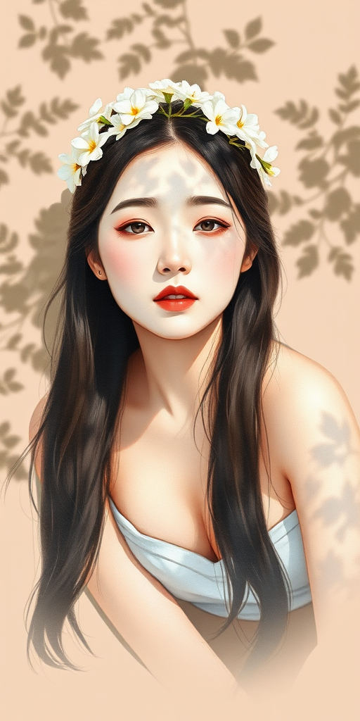 create a watercolor painting of an ethereal portrait of beautiful Korean woman with a simple white flower crown on her head. Her hair is long and she is lying on the ground. The sunlight on the trees casts shadows from the leaves on her face and body. The background is a neutral brown color that matches her skin tone. The image is minimalist and solid colors. This style is characterized by soft, delicate brushstrokes and a light, airy, contrasting color palette. High level of detail and play of light