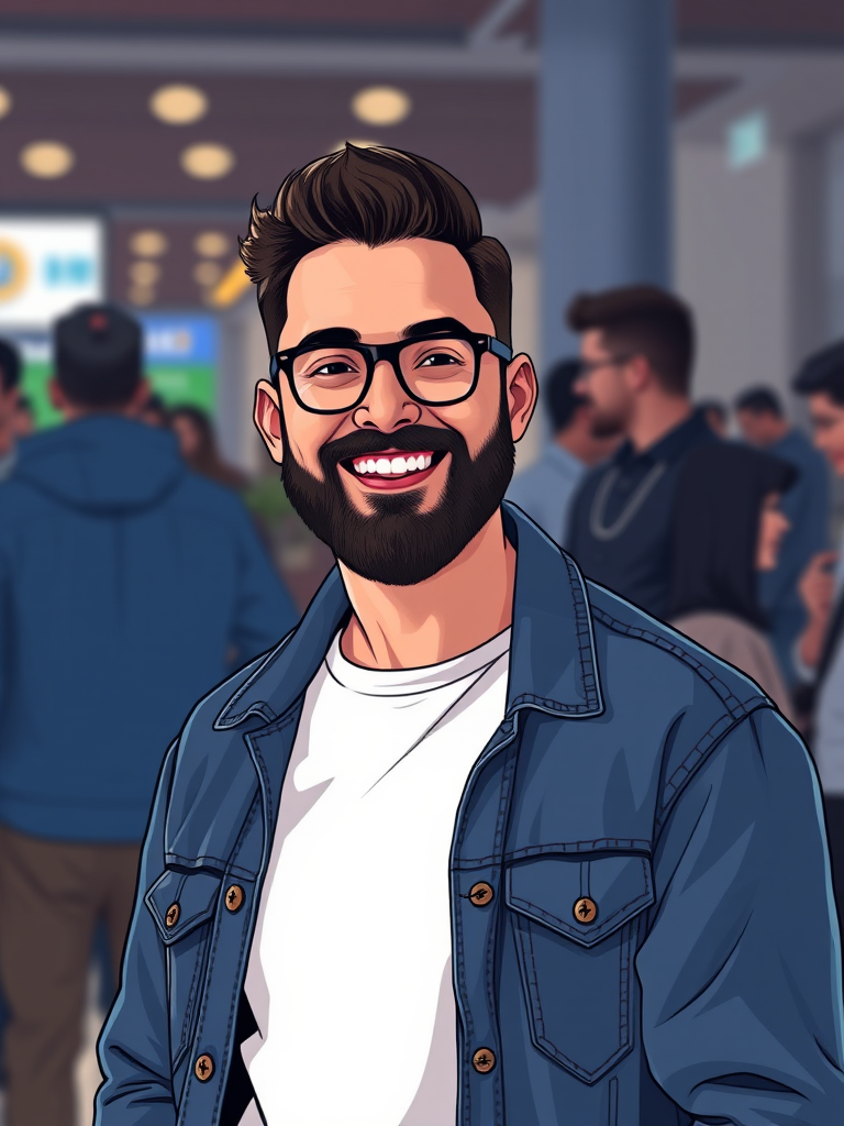 Create an illustration of a smiling man with a beard and glasses in a denim jacket, standing in front of a blurry background of people engaged in conversation, using a Canon EOS R5 with a 50mm lens, aperture set to f/1.8, ISO 100, and a shallow depth of field.
