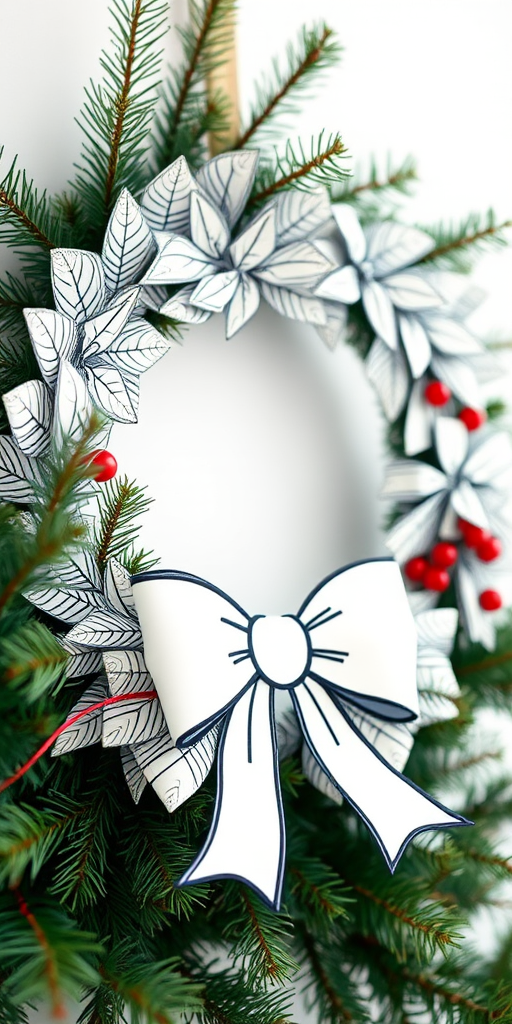 Create a detailed line drawing of a Christmas wreath with a bow, using a 50mm lens, f/2.8 aperture, ISO 100, shot in natural light, with a shallow depth of field to enhance textures and details in the foliage.