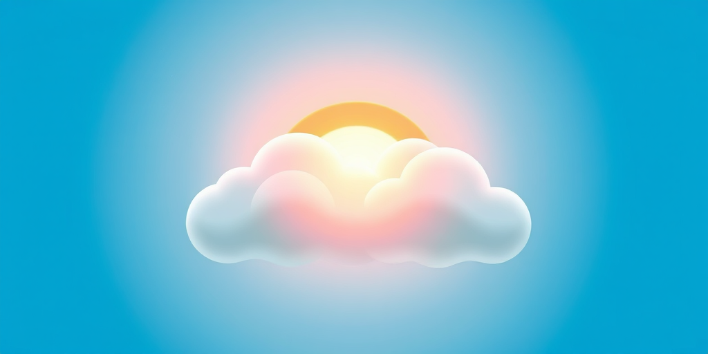 Create a high-resolution digital illustration of a stylized cloud with a bright sun peeking behind it, using a 50mm lens, f/8 aperture, ISO 100, and a soft focus effect for a dreamy atmosphere, emphasize vibrant colors and smooth gradients with a clear blue background.