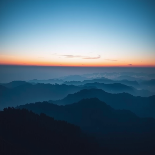 create a serene mountain landscape with layered blue tones, soft fog, and a gradient sky during sunrise, captured with a DSLR camera, 50mm lens, aperture f/8, ISO 100, and a wide-angle view to enhance depth and detail