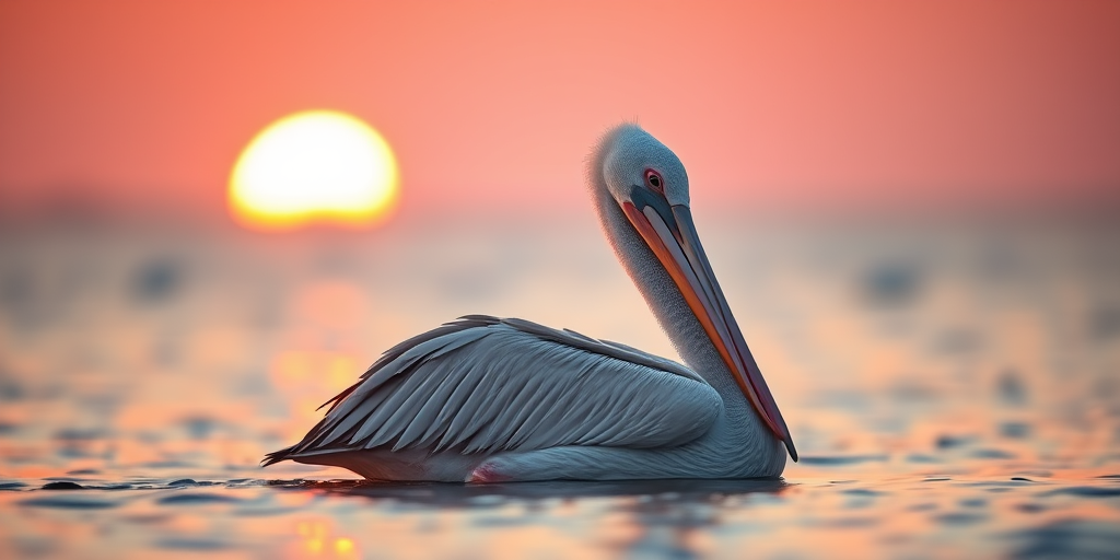 A pelican resting on water at dusk, soft focus with a shallow depth of field, using a Canon EOS 5D Mark IV, 200mm lens at f/2.8, ISO 400, 1/200s shutter speed, natural lighting for enhanced details and colors.