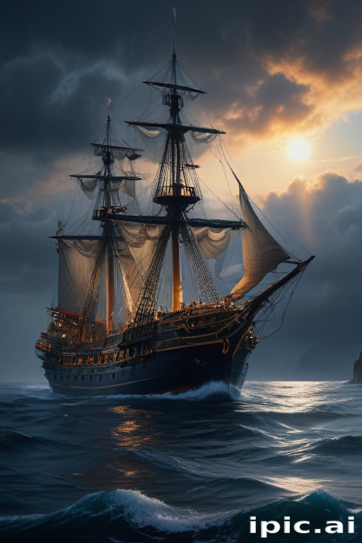 Majestic Sailing Ship Gliding Through Stormy Seas Under Dramatic Sunset