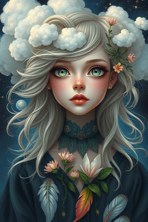 Create a series of imaginative portraits where each subject is infused with elements of fantasy and nature. The hair of the individuals should flow like clouds, varying from soft, fluffy cumulus to wispy cirrus strands, with hints of color reflecting a sunset or a clear blue sky. The eyes should be windows to entire galaxies, with stars, nebulae, and distant planets visible within them. Clothing should be adorned with nature motifs, such as floral patterns that bloom and change, vines that seem to grow and wrap around, or feathers that shimmer with iridescence. Each portrait should capture a unique personality, blending human features with the ethereal beauty of the natural and cosmic world. The backgrounds can vary, from starry night skies to enchanted forests, adding depth and context to the magical realism of the portraits