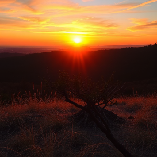 Create a high-resolution image of a serene landscape at sunset with vibrant colors, using a DSLR camera at f/8 aperture, 50mm lens, ISO 100, at a focal length of 50mm, with a golden hour lighting effect to enhance detail and depth.