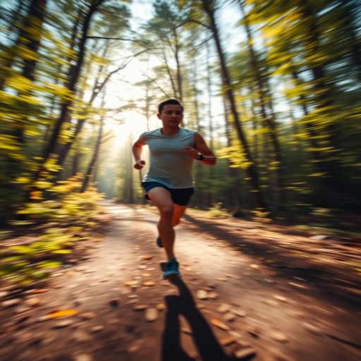 Blurry action shot of a runner sprinting through a forest trail, leaves kicking up behind them, sunlight filtering through the trees, intense focus on their face, shadows stretching across the path, the sound of rustling leaves and distant birds chirping.