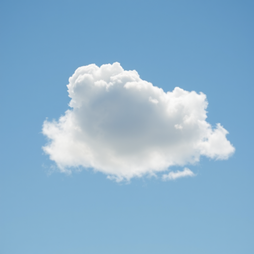 Create a soft, fluffy cloud on a clear blue sky background, using a Canon EOS R5 with a 50mm lens, aperture f/2.8, ISO 100, and a shallow depth of field for a dreamy effect.