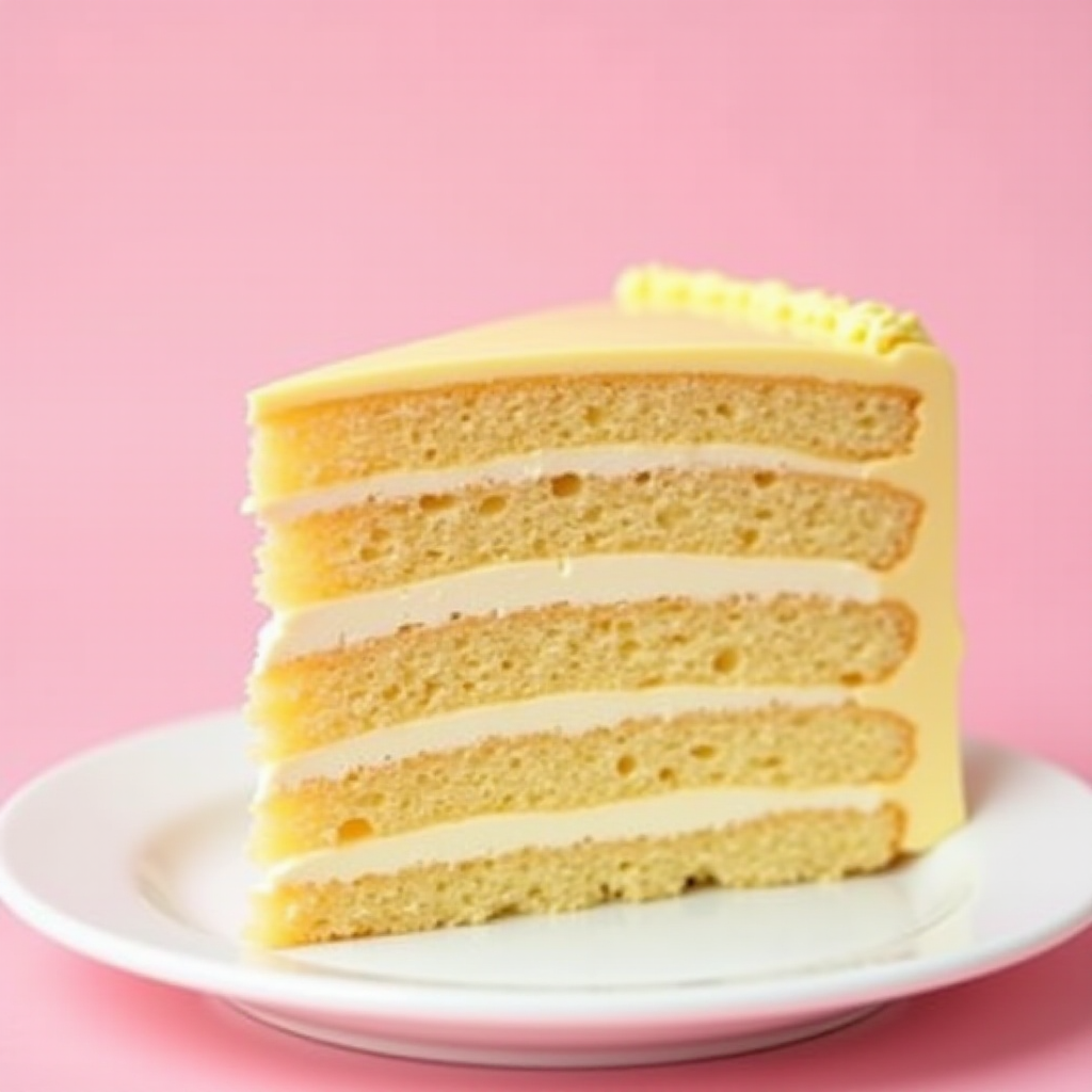 A detailed close-up of a slice of layered cake on a white plate, showing multiple layers of sponge and cream filling. The cake has a creamy frosting and is set against a soft pink background, creating a visually appealing dessert image.