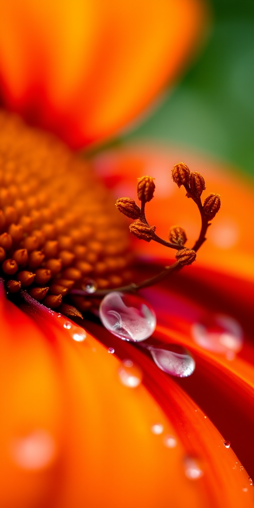 macro shot of a vibrant orange and red flower with dew droplets, shallow depth of field, aperture f/2.8, ISO 100, 50mm lens, natural light, DSLR camera.
