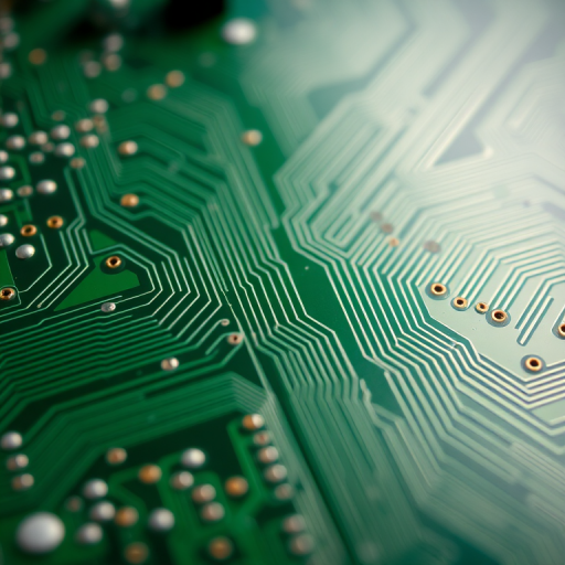 high-resolution image of a green circuit board with intricate lines and details, captured with a DSLR camera at f/8 aperture, ISO 100, 50mm lens, with a macro view and soft lighting to enhance texture and depth