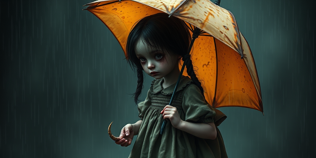 An eerie, weird little girl with dark hair in thin pigtails, wearing a smock dress, standing in the rain, holding a dirty orange umbrella, a small, odd creature beside her. In a surreal style inspired by Nicoletta Ceccoli and Brian Froud. Dark fantasy themes
