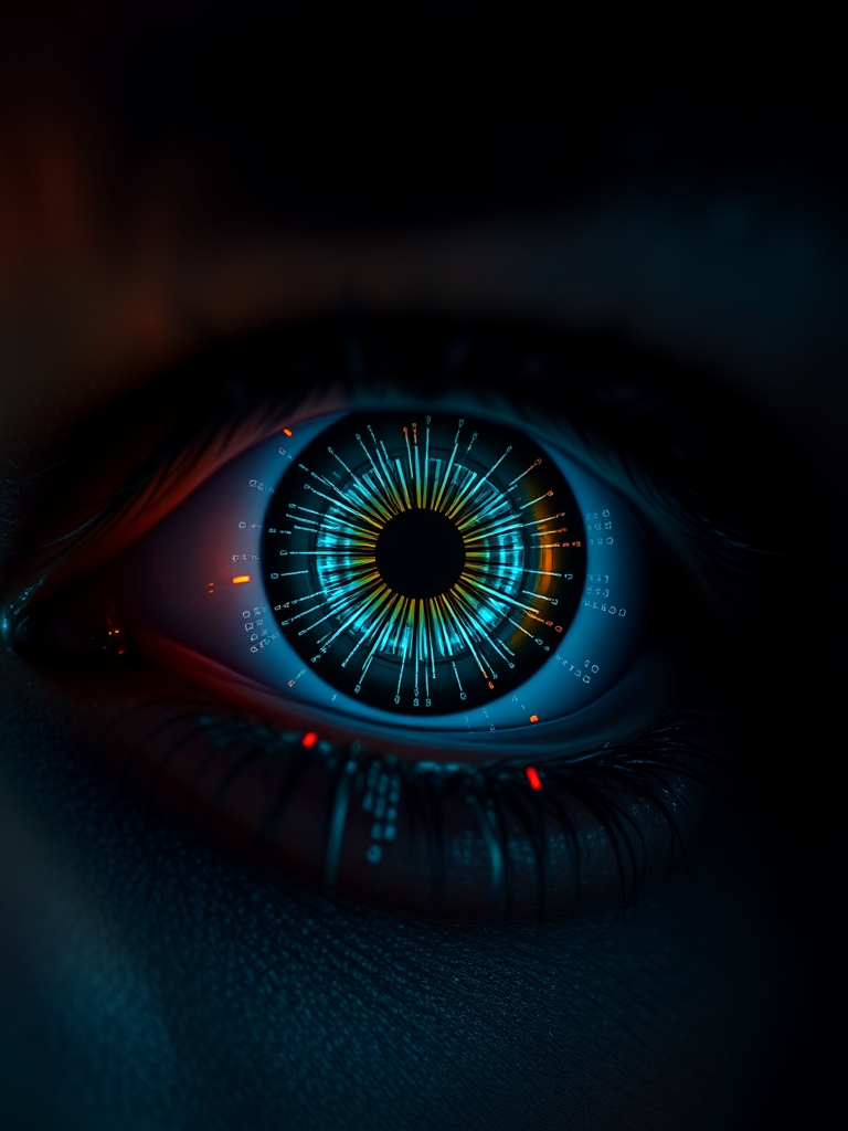Regenerate an image of a close-up human eye with intricate digital patterns and binary code overlay, using a Canon EOS 5D Mark IV with a 50mm f/1.4 lens, aperture set to f/2.8, ISO 100, and a shutter speed of 1/125s, in a dark studio environment, focused on sharp details and vibrant colors.
