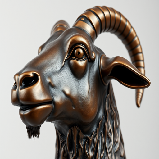 high-quality 3D rendering of a bronze goat head sculpture, focused close-up, soft studio lighting, f/2.8 aperture, 50mm lens, ISO 100, 1/125 sec shutter speed, neutral background for contrast