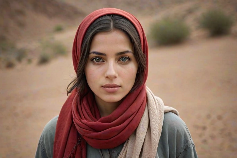 Create a portrait of a young Berber woman with long, dark hair and captivating hazel eyes. She is wearing a red headscarf and a matching scarf draped gracefully around her neck. The background is softly blurred, focusing attention on her serene and natural expression. The overall color palette is muted and warm, enhancing the intimate and authentic feel of the portrait.