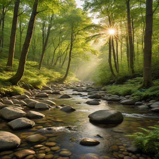 Create an image of a serene, sunlit forest scene with a clear, gently flowing river. Tall trees with lush green foliage line both sides of the river, their leaves bathed in the warm golden light of the setting or rising sun. The sunlight filters through the trees, casting soft, dappled light on the river, which flows over smooth rocks and pebbles, creating a peaceful, natural atmosphere. The sky is bright with a few scattered clouds, and the overall mood is tranquil, evoking a deep sense of connection with nature. The image captures the beauty of a calm, pristine forest landscape at either dawn or dusk.
