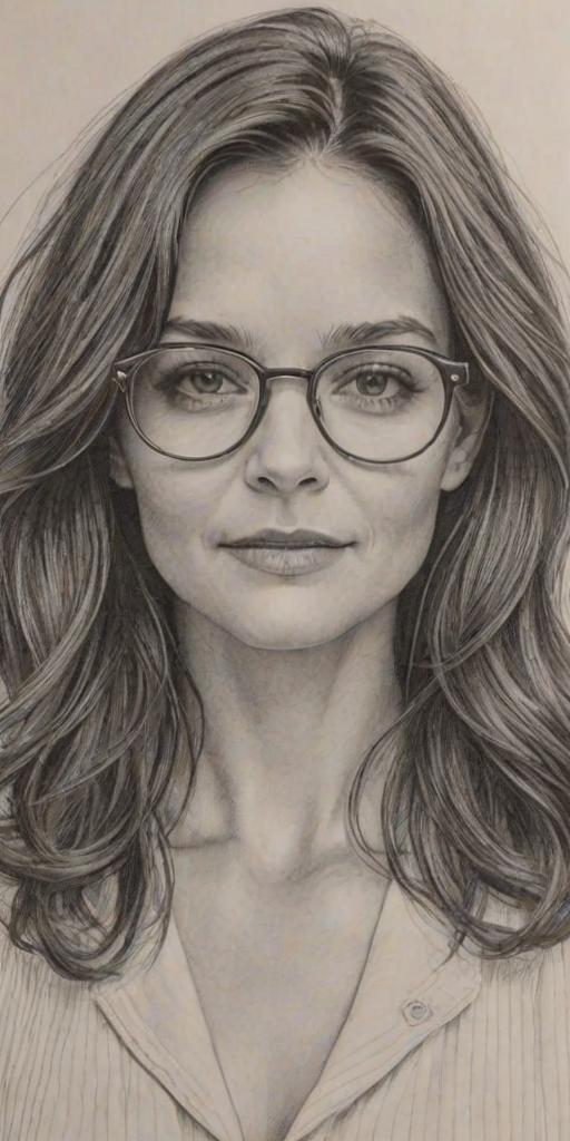 Radiant Katie Holmes, pencil sketch, portrait of Sublime woman 1978s in glasses, hair style beatnik, outline, clear lines, fine lines, 8k
