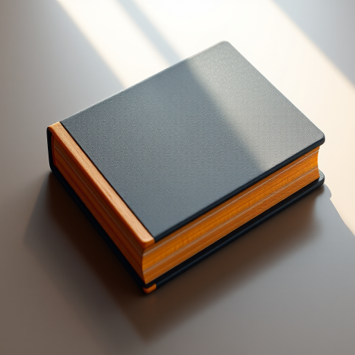 Create a realistic 3D render of a closed book with a black cover and a textured orange spine, captured from a slight top-down angle using a DSLR camera, aperture f/2.8, ISO 100, shutter speed 1/60s, with soft natural lighting to enhance details and contrast.