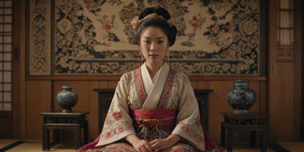 A beautiful Ryukyuan woman in traditional East Asian attire, intricately detailed with embroidered patterns, sitting gracefully in a richly decorated room, soft ambient lighting, serene and elegant, ultra-realistic, 8K resolution