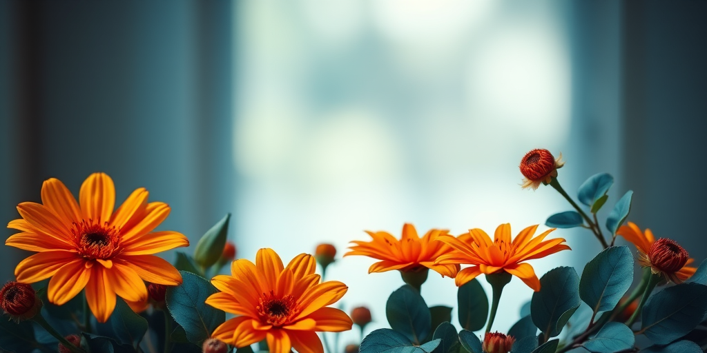 Create an artistic floral arrangement featuring orange flowers and blue leaves with a soft focus background, using a DSLR camera, f/2.8 aperture, 50mm lens, 1/200 sec shutter speed, with a slight vignette effect for depth.