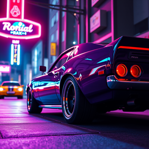 High-resolution digital illustration of a sleek retro car parked in a neon-lit urban setting, vibrant colors with contrasting shadows, capture with a Canon EOS R5, 35mm lens, f/1.8 aperture, ISO 100, shot from a low-angle perspective for dramatic effect and enhanced details.