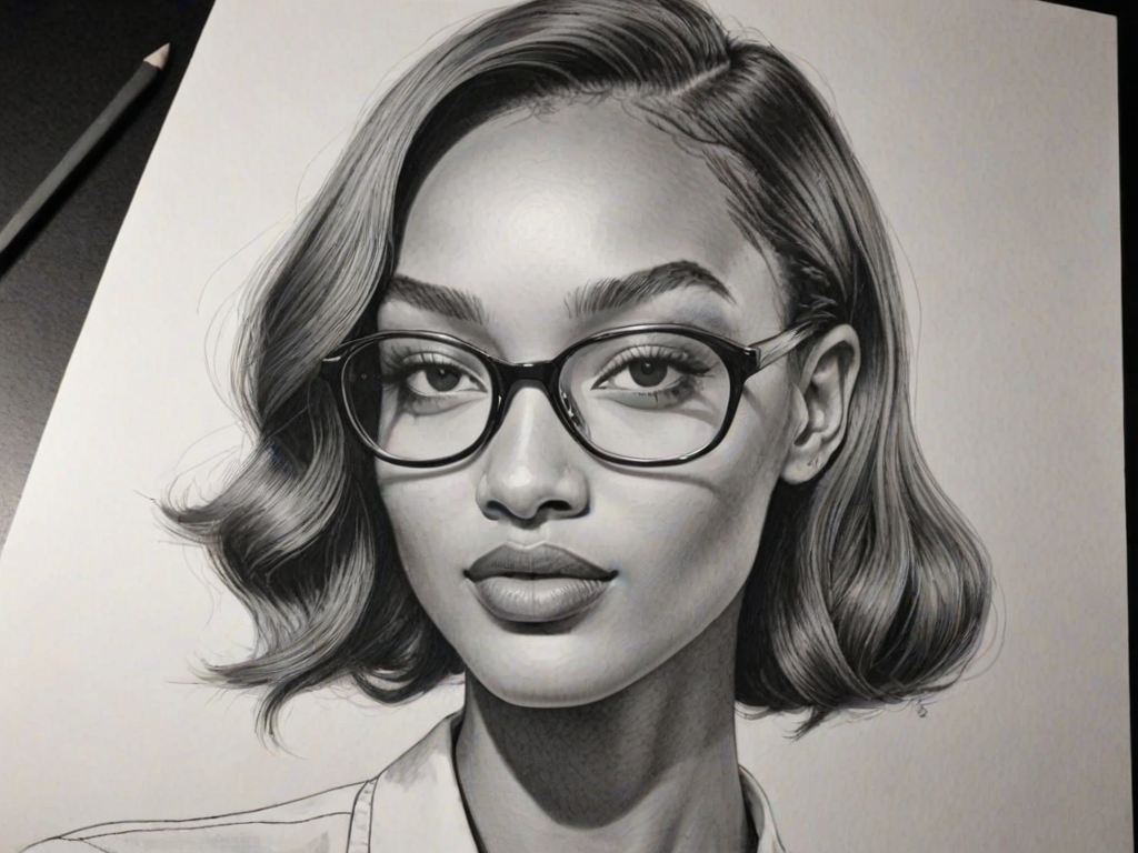 Pleasing Jourdan Dunn, pencil sketch, portrait of Charming woman 1946s in glasses, hair style beatnik, outline, clear lines, fine lines, 8k