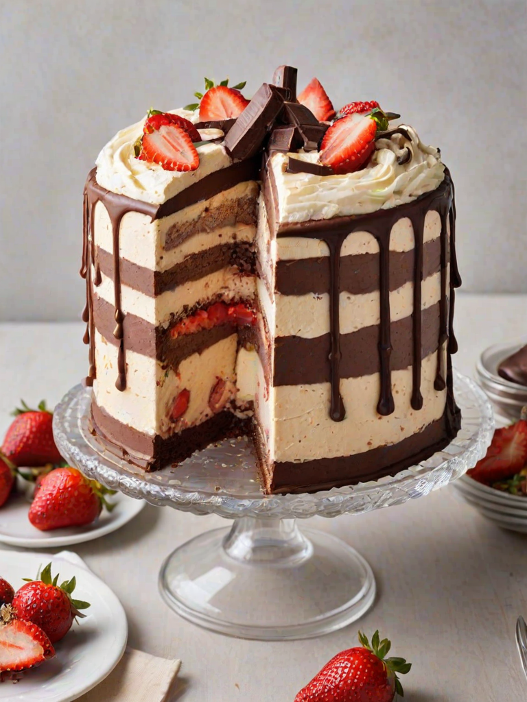 Create an image of a multi-layered ice cream cake. The cake should have distinct layers of chocolate, strawberry, and vanilla, all clearly visible. The top should be decorated with chocolate frosting and a few scoops of ice cream. Place the cake on a clear glass cake stand with a simple, soft background.