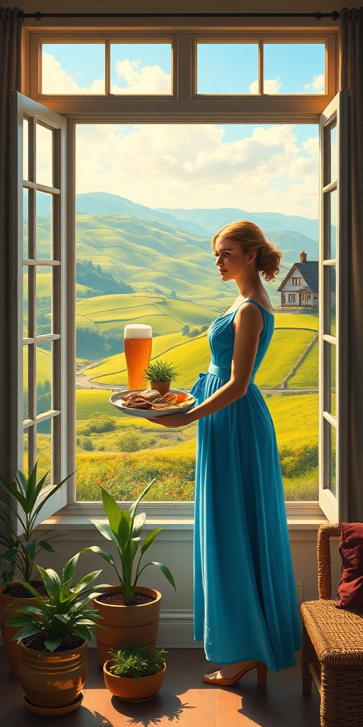 In "A Glass of Beer on the Highland," a serene scene is depicted in a sunlit room where a woman in a vibrant blue dress stands by a large window. She holds a tray with a hearty meal and a frothy glass of beer, embodying a moment of relaxation. Outside, the breathtaking highland landscape features rolling green hills and a charming traditional house, all bathed in warm afternoon light. The interior is adorned with potted plants, creating a harmonious blend of comfort and nature. The painting beautifully captures the tranquility and joy found in simple pleasures amidst stunning scenery