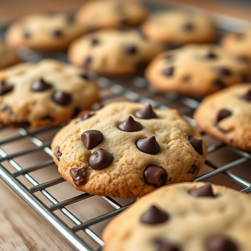 Close-up of freshly baked chocolate chip cookies on a cooling rack, shallow depth of field, 50mm lens, f/2.8 aperture, ISO 200, natural lighting, DSLR camera, vibrant colors, focus on texture.