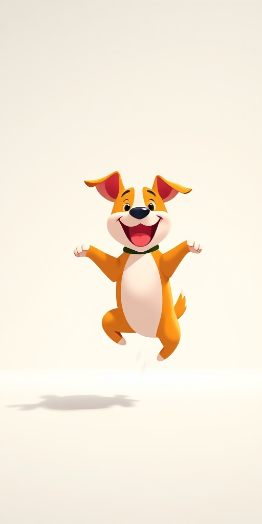 Create a vibrant illustration of a playful cartoon dog jumping in a light, minimalist background, using a digital art style with high saturation and smooth gradients, captured with a Canon EOS R5, 50mm lens, f/1.8 aperture, 1/2000 shutter speed, and ISO 100 for clarity and detail.
