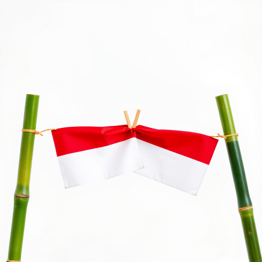 Create a high-resolution image of two crossed Indonesian flags tied to green bamboo poles against a transparent background, using a DSLR camera with an aperture of f/2.8, ISO 100, and a 50mm lens for sharp details and vibrant colors, capturing a frontal view in a soft natural light style.