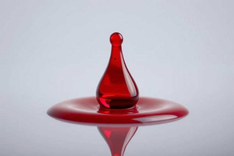 Create a high-resolution digital illustration of a glossy red drop of blood with a smooth surface, using a Canon EOS R5 camera with a 50mm f/1.2 lens, aperture set to f/2.8, ISO 100, in a well-lit studio environment to enhance reflections and details.